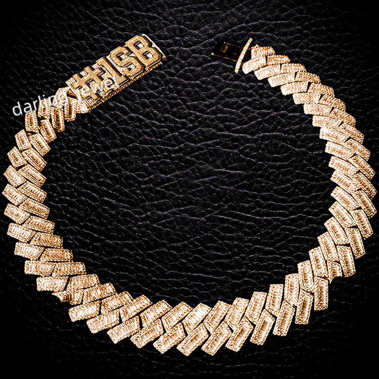 Baguette Diamond 20mm 18k Gold Plated Silver Cuban Chain Necklace Vvs Moissanite baguette Cuban Link Chain