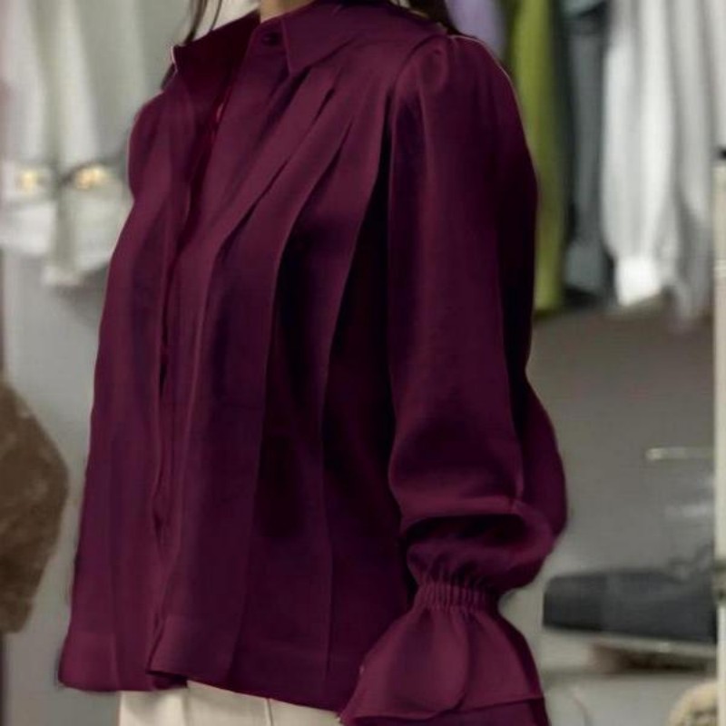 Women's Blouses & Shirts--Trendy European Style Womens Long Sleeved Pleat Flared Blouse-8021