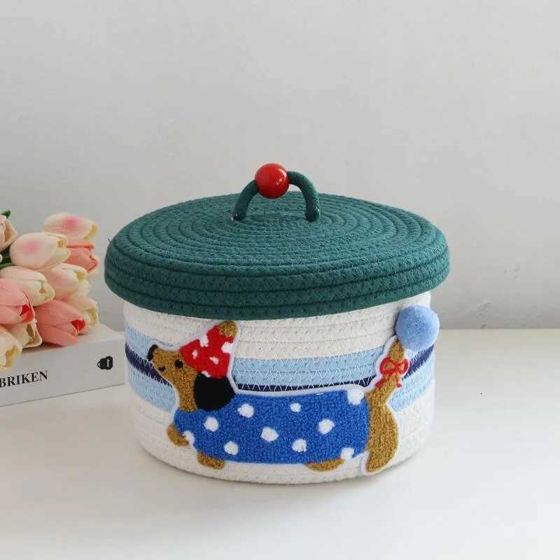 Cartoon Puppy Weaving Cotton Rope Storage Basket Hand Gift Box With Cover Round Snack Toy Organizer Box Y251112