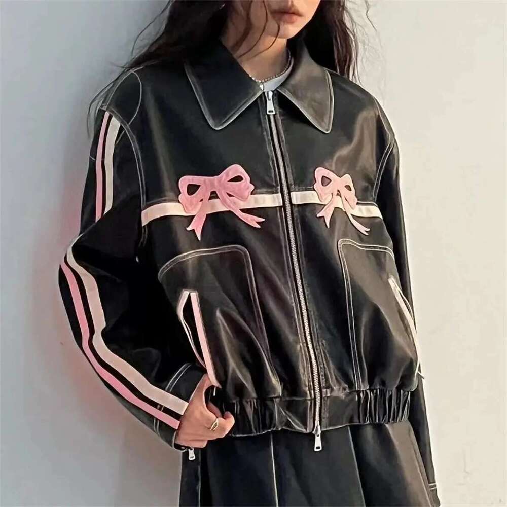 Designer Clothes Women Vintage Lapel Collar Jackets Haruku Bow Zipper Pu Overcoat Female Casual Tops Winter Autumn Streetwear Chic Y2k Clothes