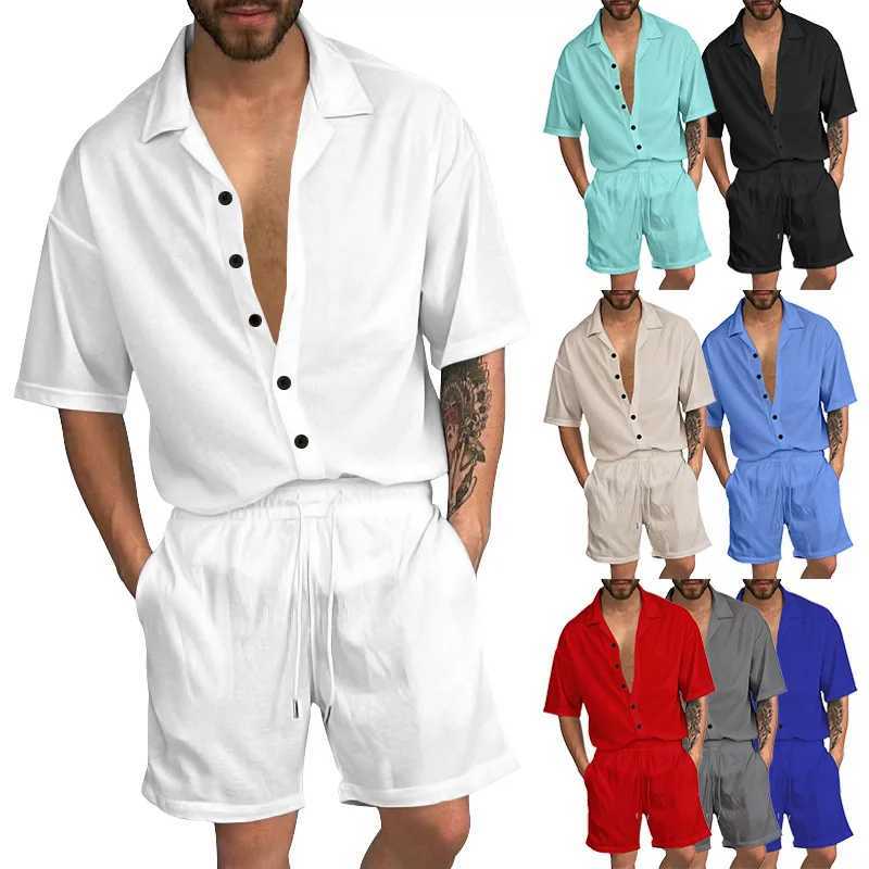 European and American summer set mens casual collar solid color shirt button up cardigan short sleeved set mens styleXJ250412