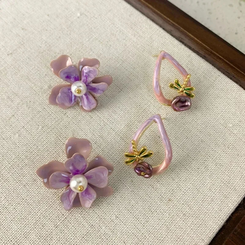 Flower Earrings Purple Simple Dragonfly Earrings Sweet Female Earrings Party Birthday Girl Birthday Gift 250409