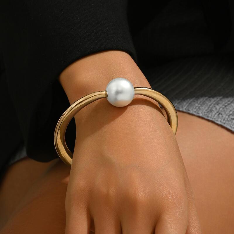 e 14K Gold-Plated Pearl Bangle Bracelet - Radiant and Timeless Elegance