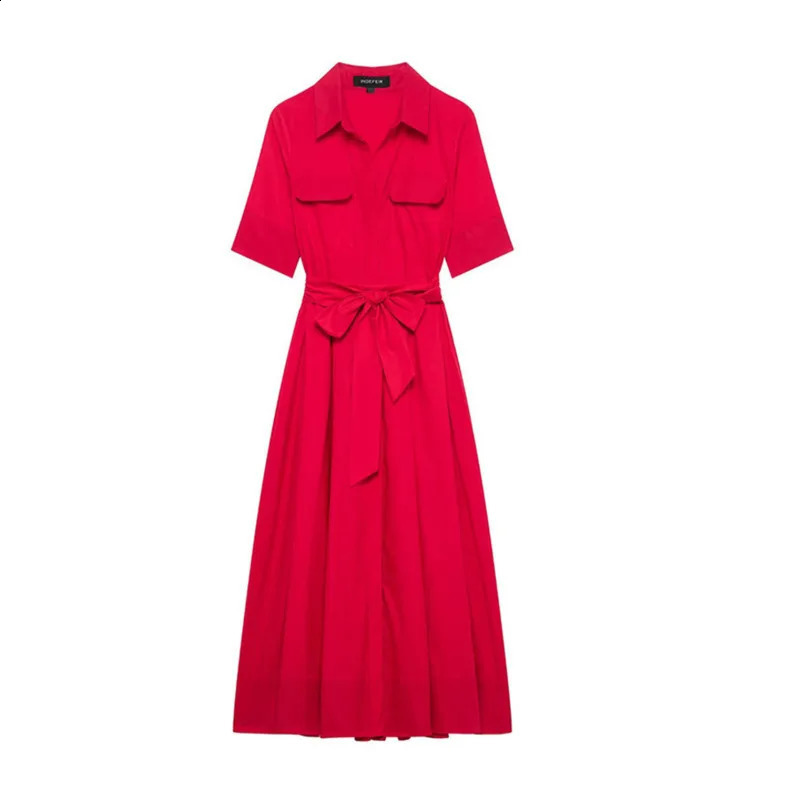 Wxw4809 Red Belt Aline Casual Shirt Womens Short Sleeve Ultra Thin High Waist Folded Midi Dress Polo Neck Spring 250411