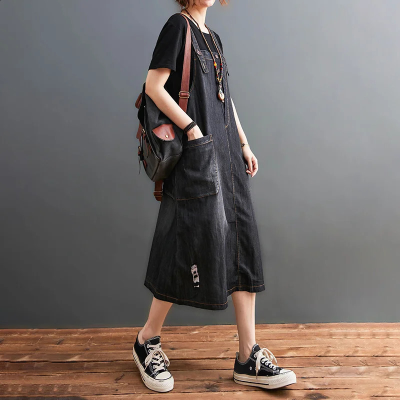 Wxw2110 Summer Black Full Set Cowboy Dress Large Pocket Loose Asymmetric Aline Midi Button Vestidos 250411