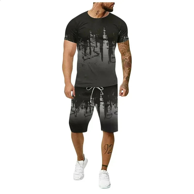 Mens short sleeved casual shorts 3D printed sportswear 2-piece quick drying summer product outdoor casual T-shirt 250411