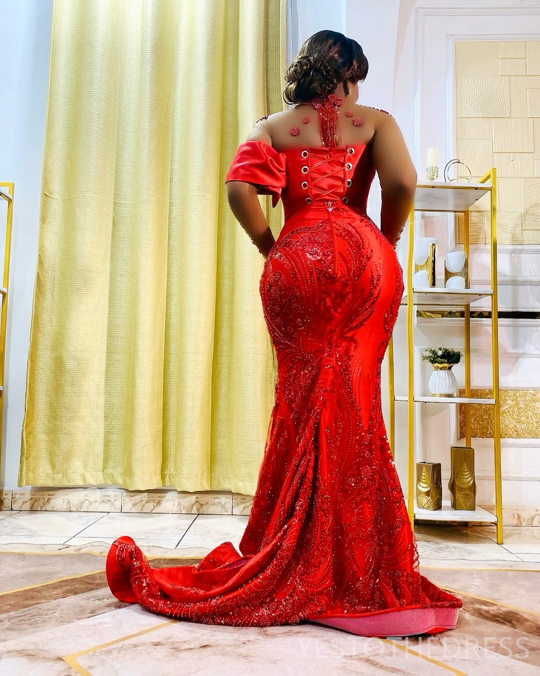 2025 Plus Size Red Prom Dress Mermaid Prom Dresses Evening Formal Gowns For Special Occasions High Neck Beaded Lace Birthday Second Reception Gowns AM