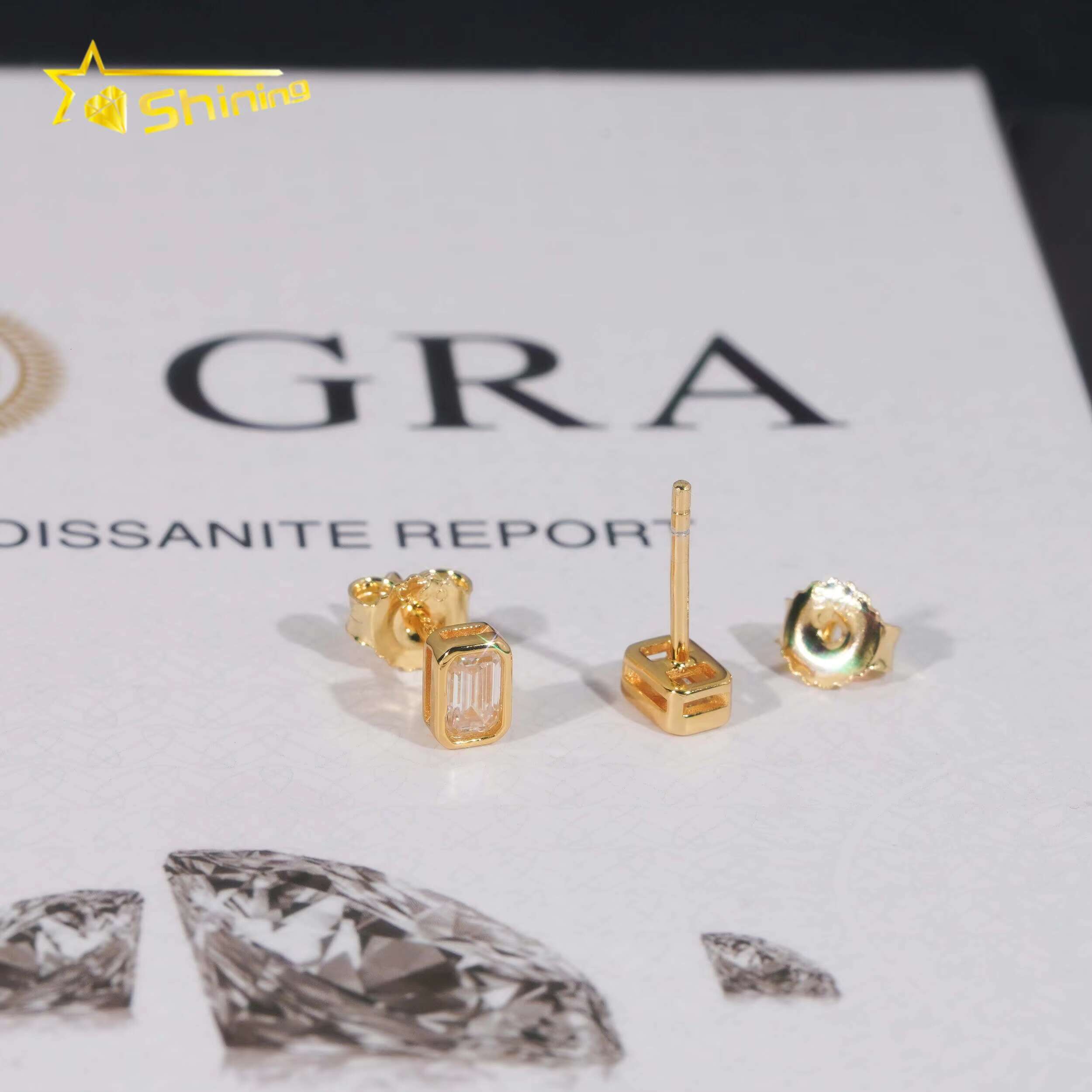 New Arrival Hip Hop Gold Plated Bezel Setting Emerald Cut Moissanite 925 Silver VVS Diamond Earrings