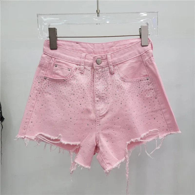 Fashion Diamond Hole Denim Shorts for Womens 2025 Summer High Waisted Jean Booty Shorts Feminino 250411
