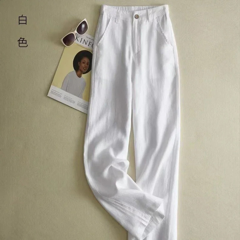 Fashion Cotton Linen Pants Women Elegant High Waist White Wide Leg Trouser Woman Casual Baggy Straight Streetwear Pants 250411