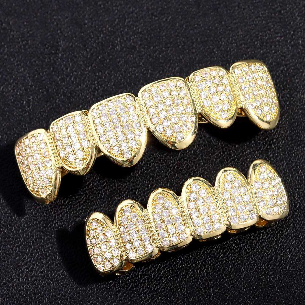 Hip hop mens and womens ice cube cubic zirconia top and bottom teeth Grilz hat Bling CZ Micro Pave teeth Grills Halloween cosplay jewelry W250412
