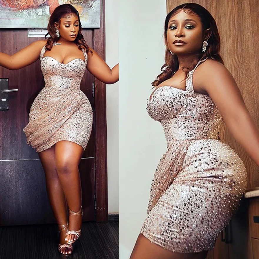 2025 Aso Ebi Nuke Cocktail Dresses for Women Short Prom Dresses Illusion Mini Graduation Dresses Spaghetti Straps Sequined Lace Illusion Homecoming Dr
