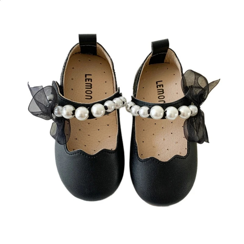 Girls pearl mesh bow soft soled flat shoes for babies breathable and anti slip princess single shoes for children aged 1-8 250411