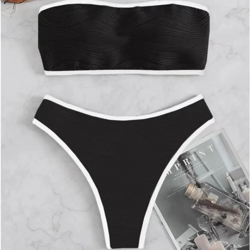 Bandeau Bikini Sexy Women Swimsuit 2025 Light Brown Black Thong Bikinis Set Swimwear Summer Biquini Bathing Suit Beach Wear 250411