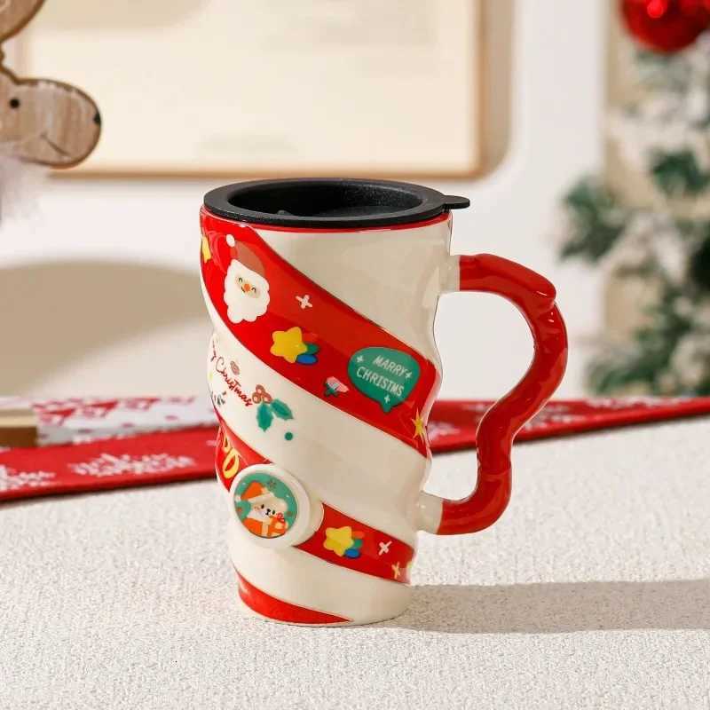 Christmas 2025 New Christmas ceramic cup threaded reindeer large capacity creative mug with lid gift box cup cross-border Christmas gift Y Y251112