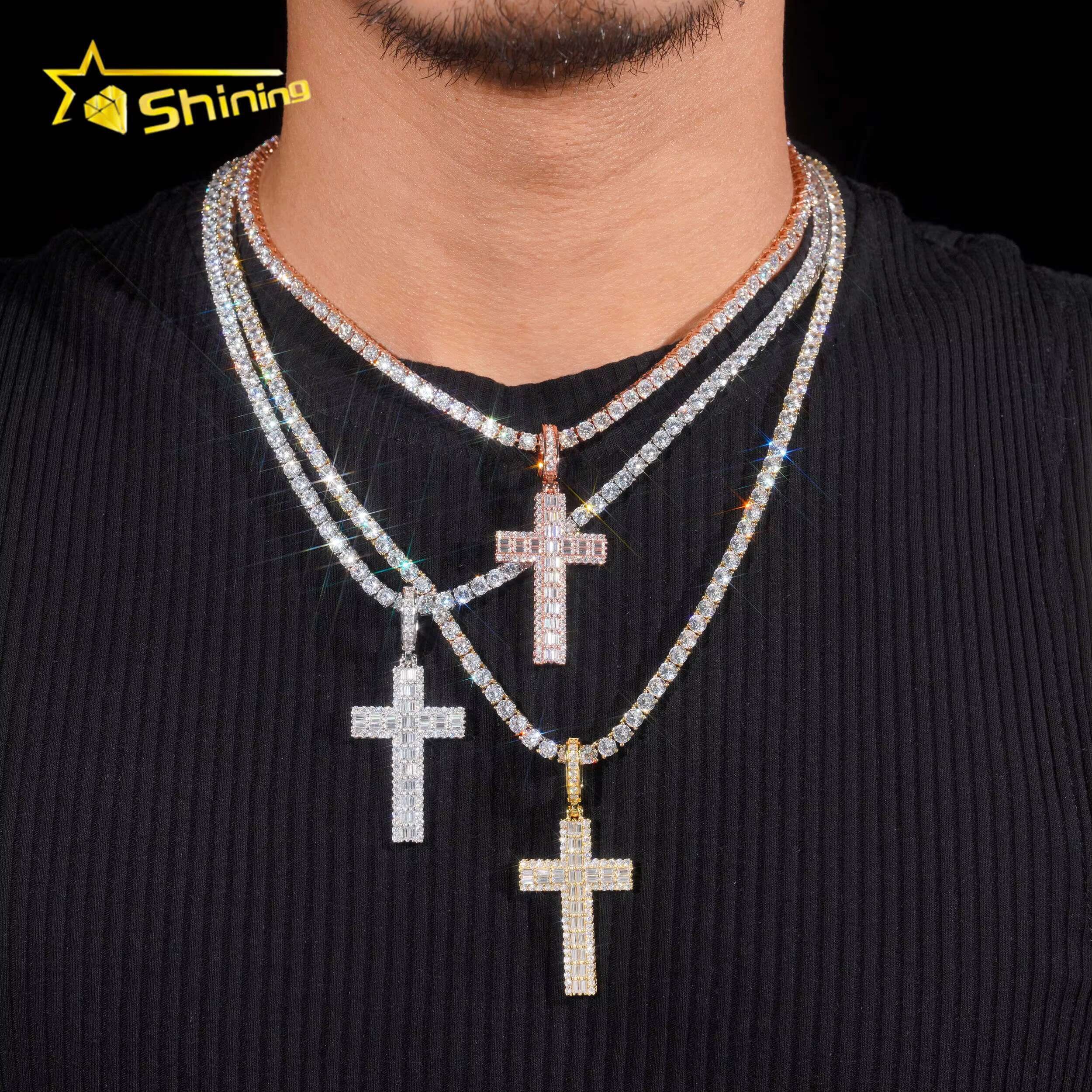 High-end Luxury Baguette Diamond 925 Silver Cross Mens Iced Out Hip Hop Moissanite Pendant for Tennis Chain