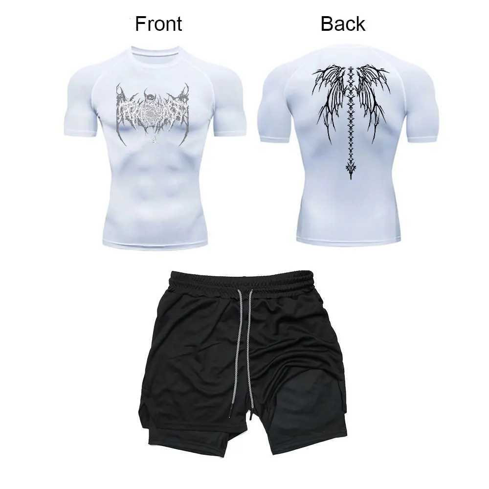 Mens Y2K skeleton printed sportswear fitness compression shirt+2-inch performance shorts summer fitness running set W250412