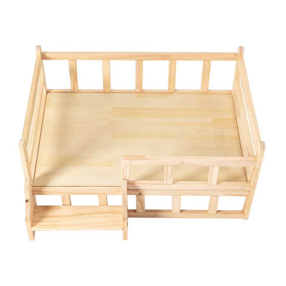 Solid wood pet bed wooden dog and cat bed frame pet furniture W/staircase+anti slip pad circular corners and edges X250412