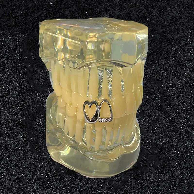 Fashionable double hollow zircon tooth cap suitable for women punk hip-hop smooth celebrities personalities dental grills couple jewelry W250412