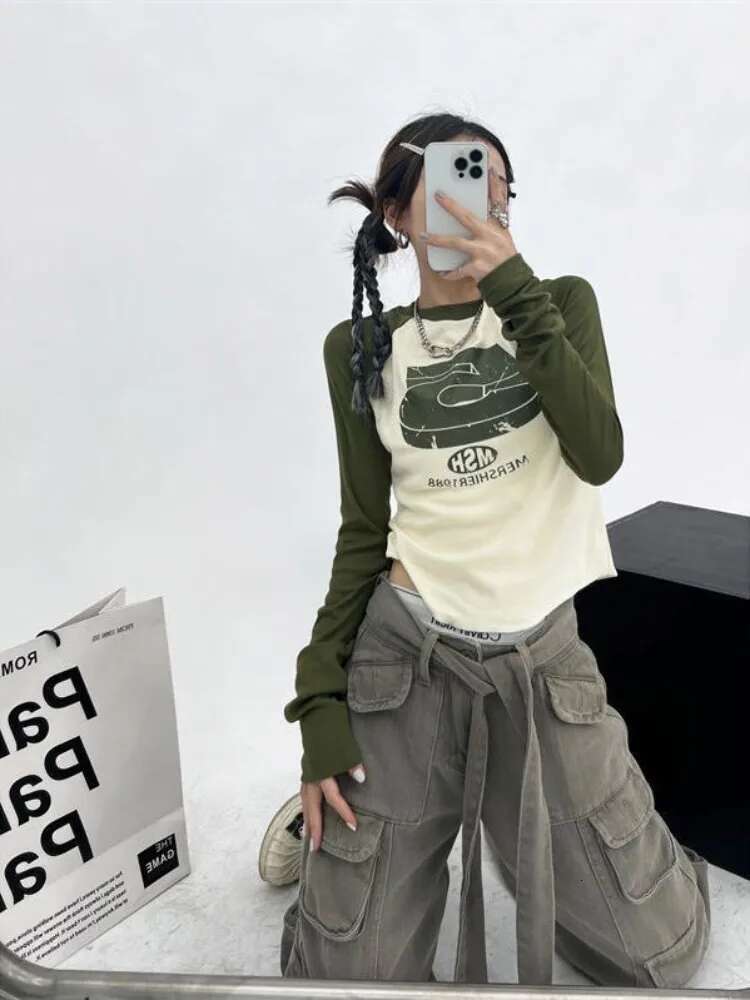 Spring Vintage Y2k Patchwork Green Tshirts Women Hippie Streetwear Long Sleeve T Shirt Female Kpop Retro Autumn Crop Tops
