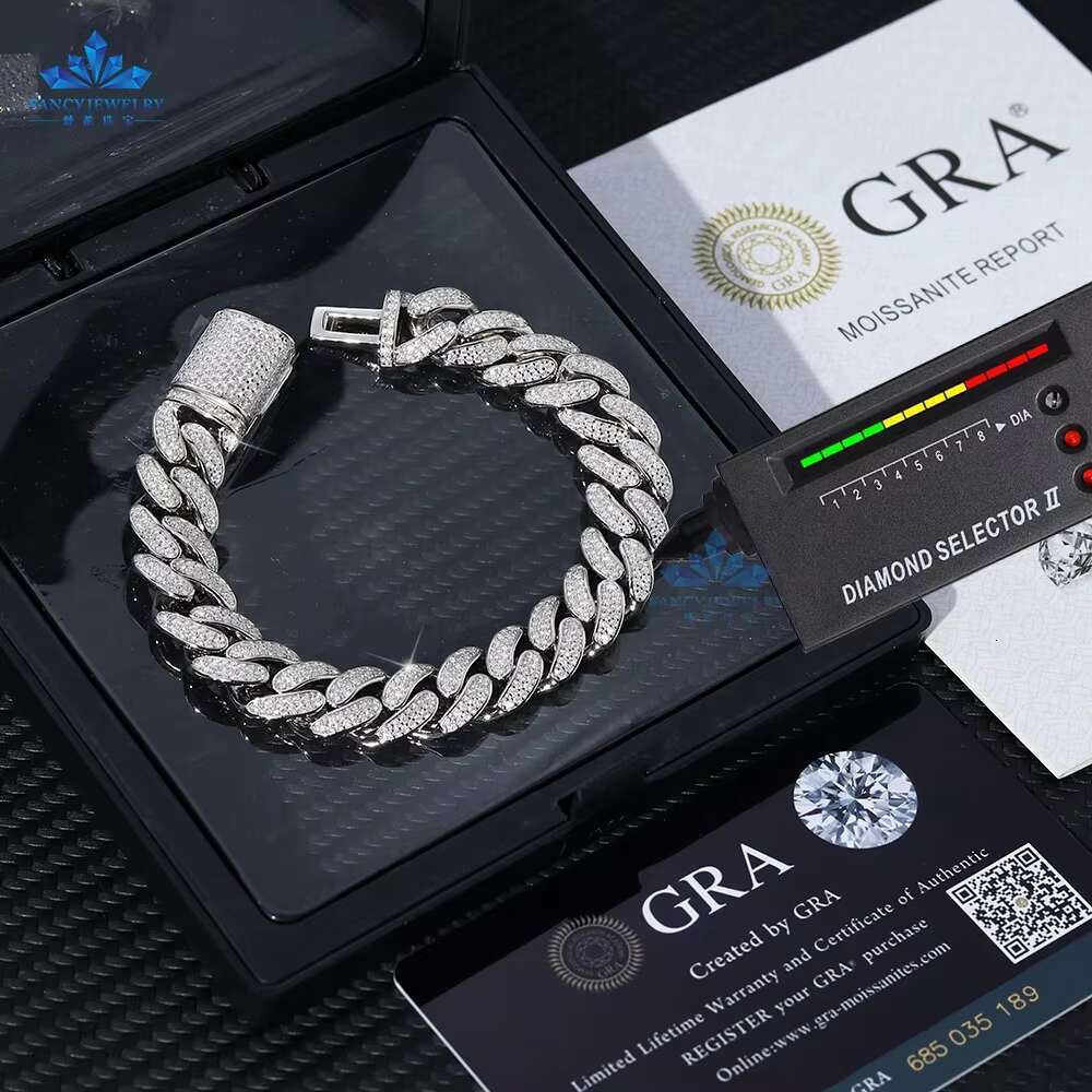 Ready to Ship 8mm 10mm 12mm 925 Sterling Silver GRA Certificate Moissanite Diamond Cuban Link Chain Bracelet