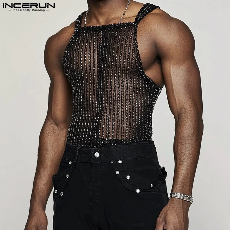 INCERUN Tops 2025 American Style Fashion Men Sparkling Fabric Stripe Perspective Mesh Vests Casual Clubwear Male Thin Tank Tops 250407