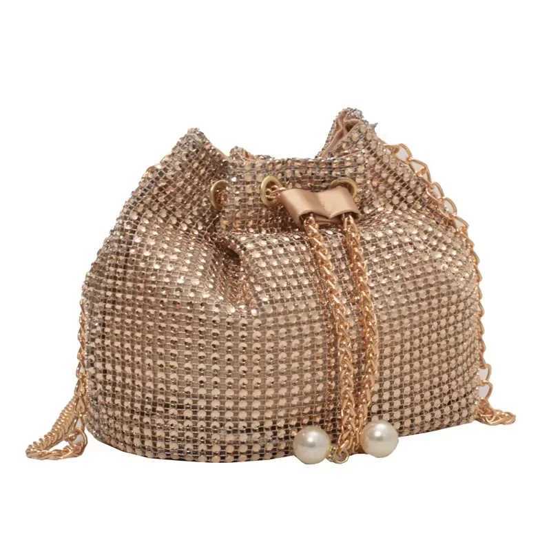 Womens Fi Diamds Rhine bucket bag pearl chain womens shoulder bag shiny small cross body bag womens handbagXJ250412