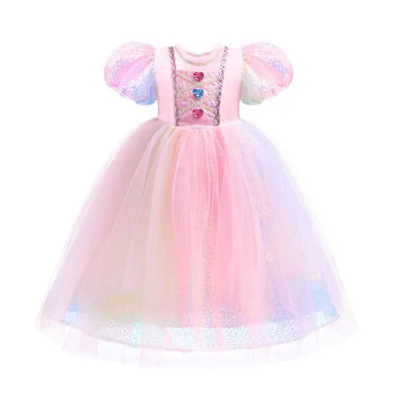 Disney Girls new pearl gradient sequin colored gemstone mesh princess dress with bubble sleeves Halloween mermaid cosplay dressXJ250411