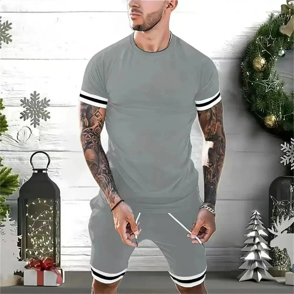 Mens short sleeved casual shorts 3D printed sportswear 2-piece quick drying summer product outdoor casual T-shirt 250411