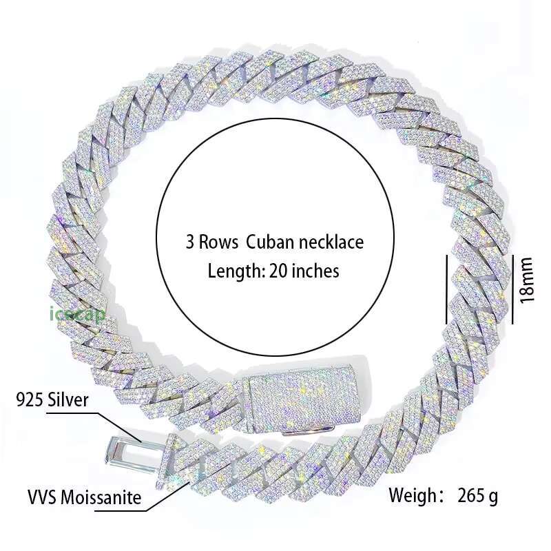 18mm Custom Rose Gold Cuban Link Chain Charms Miami Necklace Vvs Moissanite Diamonds 925 Silver Hiphop Jeweley for Men and Women