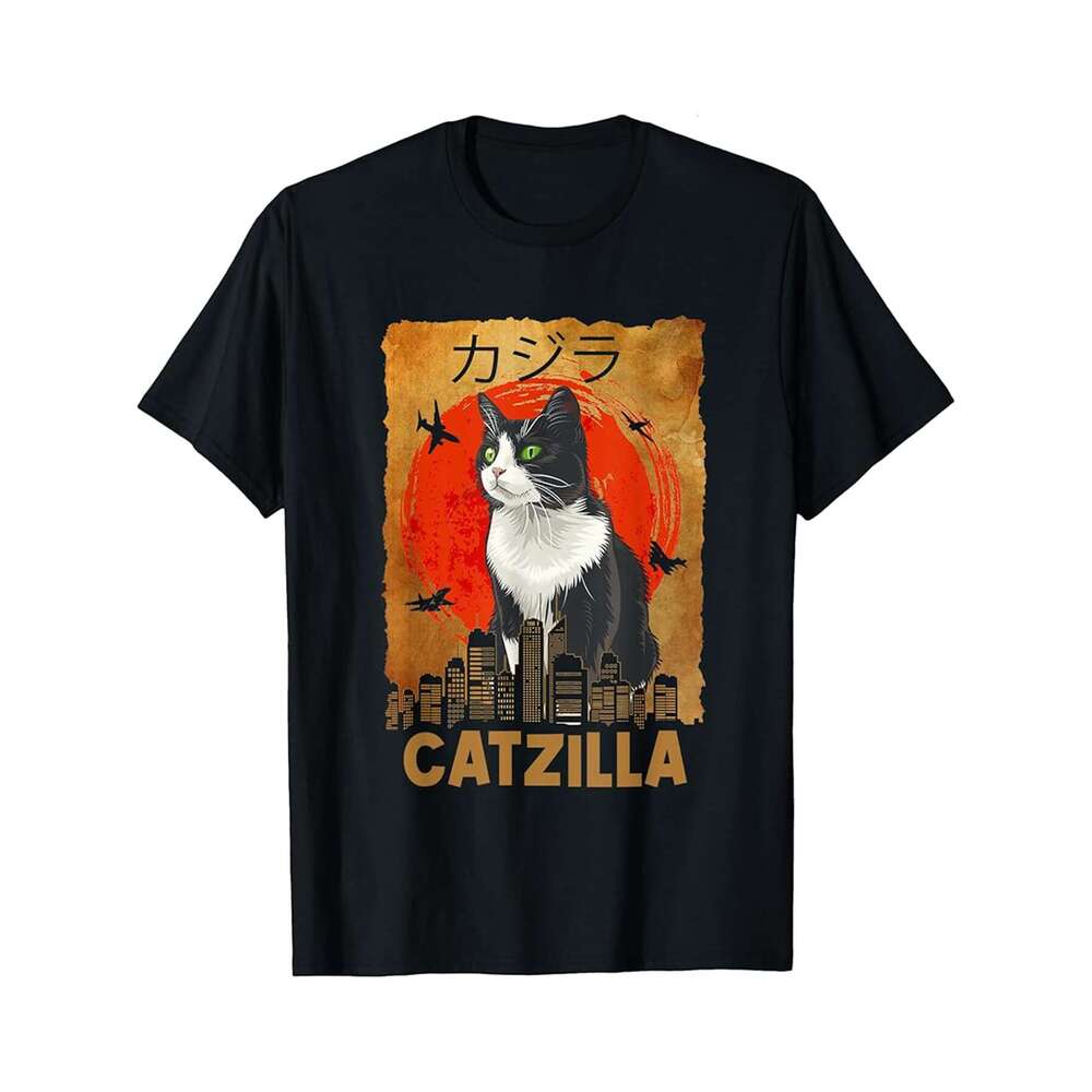 Designer T shirt Catzilla Cat Japanese wave Retro Catzilla ,100% cotton, short sleeve , Wrinkle resistant, Casual, comfortable fit - 220 g T-shirt