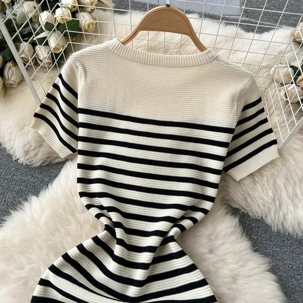 Summer striped beach knit dress Oneck short sleeved fashionable sweetheart ultrathin sun skirt streetwear Y2K Bodycon Midi 250411