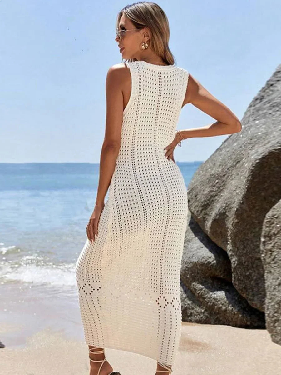 S - XL 2025 V Neck Hollow Out Crochet Knitted Tunic Beach Cover Up Long Cover-ups Beach Dress Beach Wear Beachwear Female Women 250411