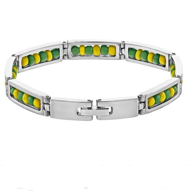 Wholesale New Stainless Steel Jewelry Green and Yellow Color Orula Bracelet Mix Beads Unisex Shango Ochun Bangle For WomenC250411