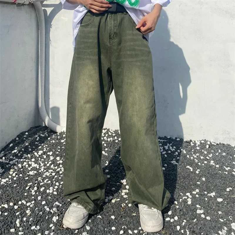Green jeans loose retro denim mens wide leg pants mens streetwear retro oversized casual hip-hop W250412