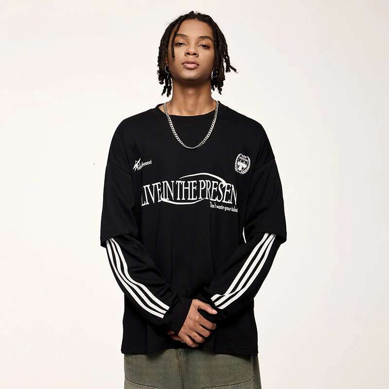 Retro Double Layer Tshirts Men Streetwear Hip Hop Oversized Long Sleeve Tees Sportswear