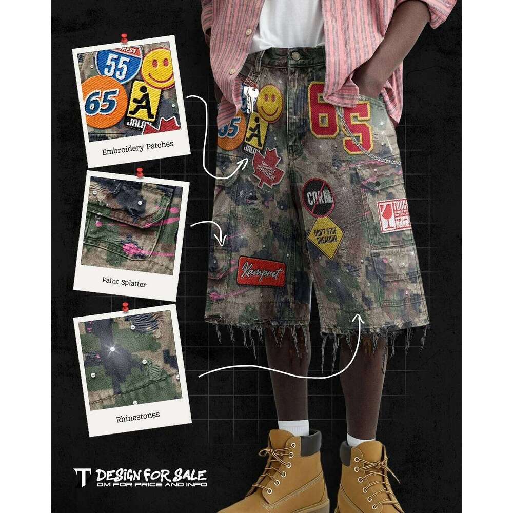 Vintage Camo Embroidery Patch Short Y2k Jeans Men Women Hip Hop Cartoon Graphics Streetwear Loose Denim Casual Shorts