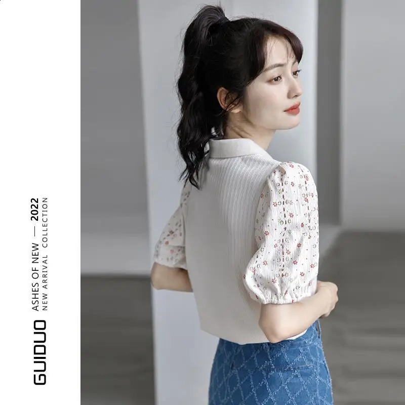 Puff Sleeve Polo Shirt Chinese Top Womens Short-sleeved n Niche Splicing Versatile Shirt 250411