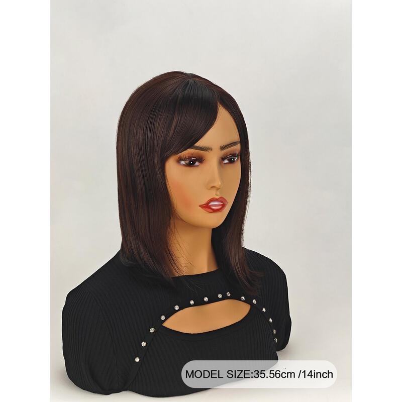 Shoulder-Length Layered With Bangs -14 Inch Peek-a-boo Color Black Mix Brown Mid-Length Wavy For en brown Women, Heat Resistant Synthetic Hair Replace