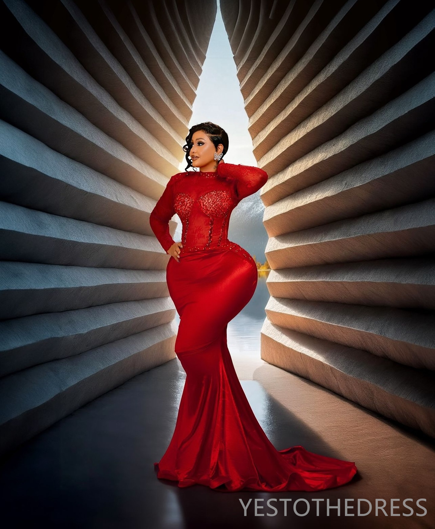 2025 Plus Size Red Prom Dress Mermaid Prom Dresses Evening Gowns For Special Occasions High Neck Rhinestones Beaded Lace Birthday Second Reception Gow