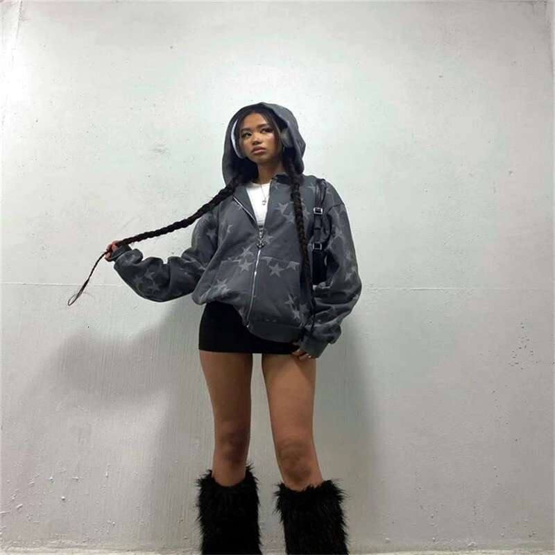 Y2k Hoodies Women Haruku Star Print Loose Sweatshirt Trousers Hip Hop Punk Long Sleeve Pocket Men Tops Sweatpant Streetwear