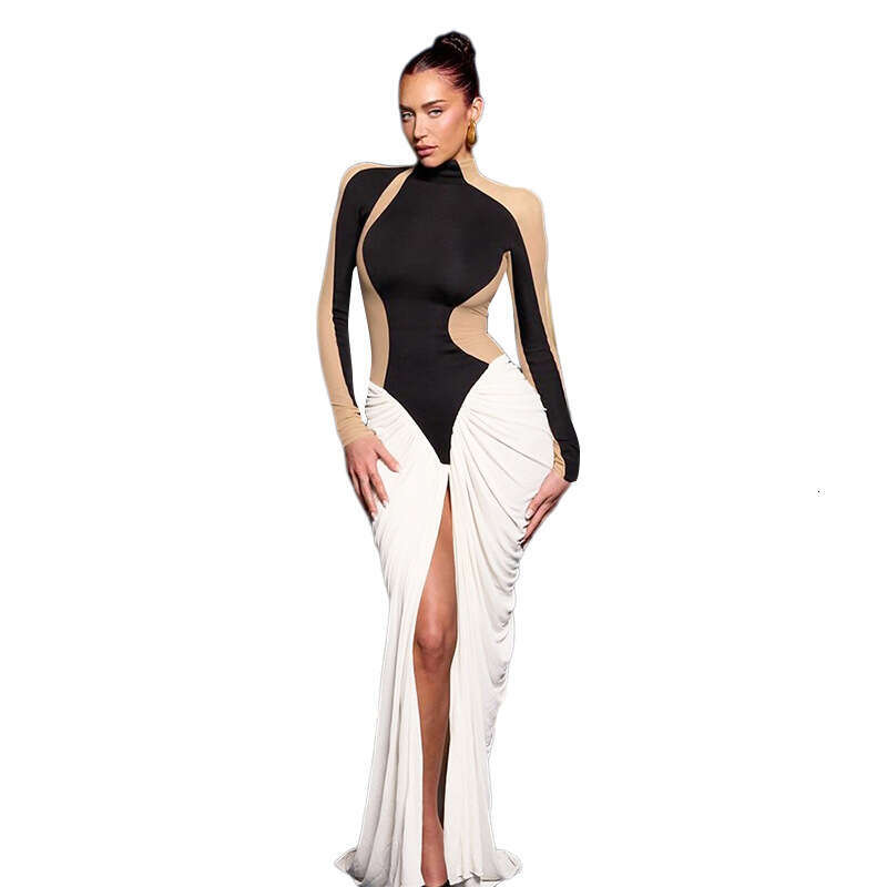 Women's Wear Winter New Women's Fashion Trend Half High Collar Long Sleeve Contrast Spliced Folded Dress