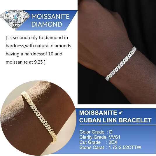 6mm White Gold 925 Sterling Silver VVS Moissanite Diamond Cuban Link Chain Bracelet Iced Out Mossanite Jewelry for Men Women