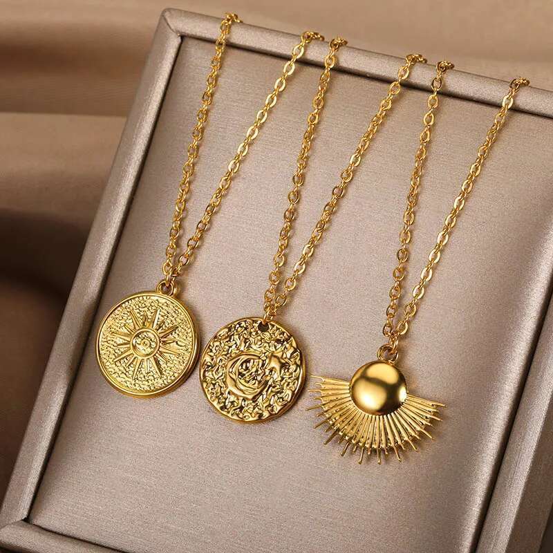 Fashion Stainless Steel Geometric for Women Gold Color Sun Ray Pendant Necklace Bohemian Jewelry Gift