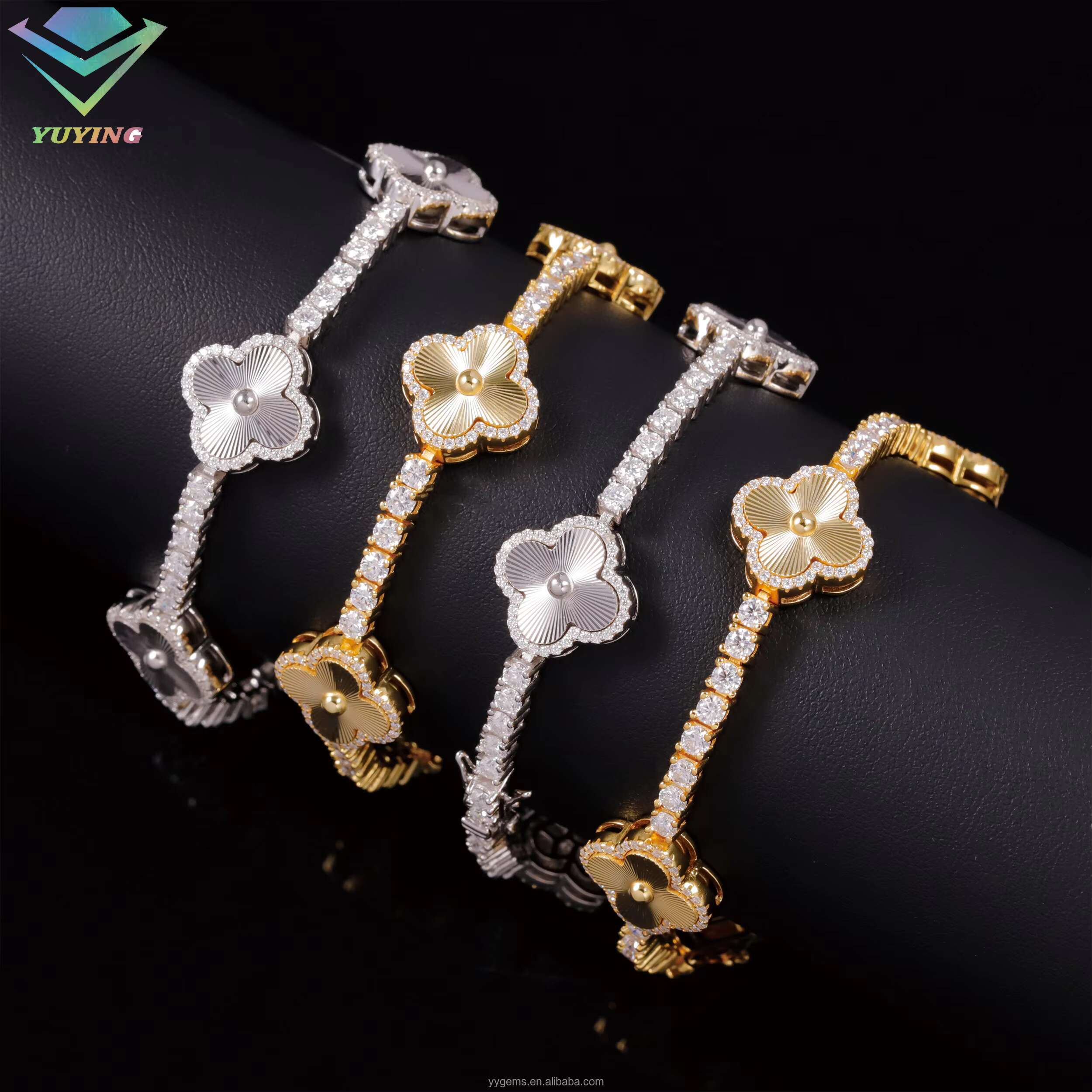 Yu Ying GRA Hip Hop Jewelry 925 Sterling Silver Gold Plated Iced Out Moissanite Diamond Clover Bracelet for Hip Hop Jewelry