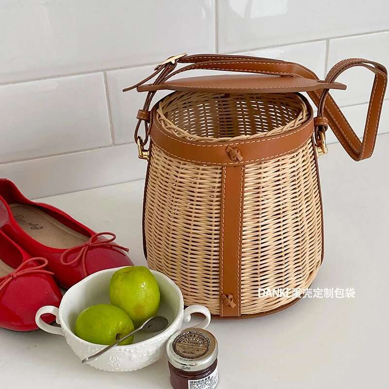 Bucket Single Shoulder Rattan Niche Design Bamboo Woven Portable Picnic Vegetable Basket Bag