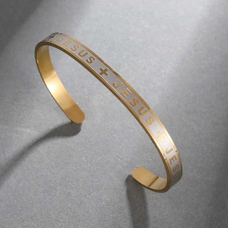 Stainless Steel Cross Jesus Alphabet Cuff Bangels Mens Christian Open Bracelet Catholic Believer Amulet Prayer JewelryC250411