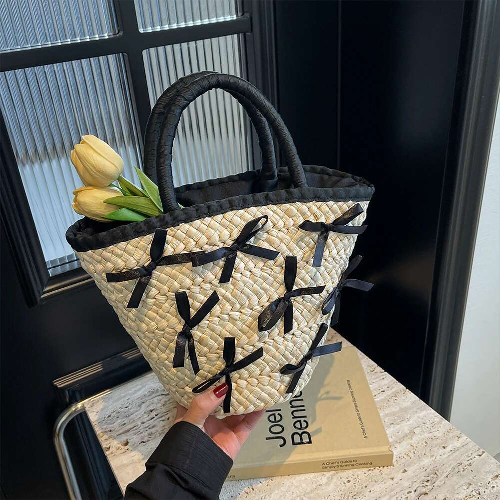 Summer Tote For Women Fashion Woven Raffia Basket Bag Bow Elegant Top Handle Clutch Bags Ladies Drawstring Beach Handbags