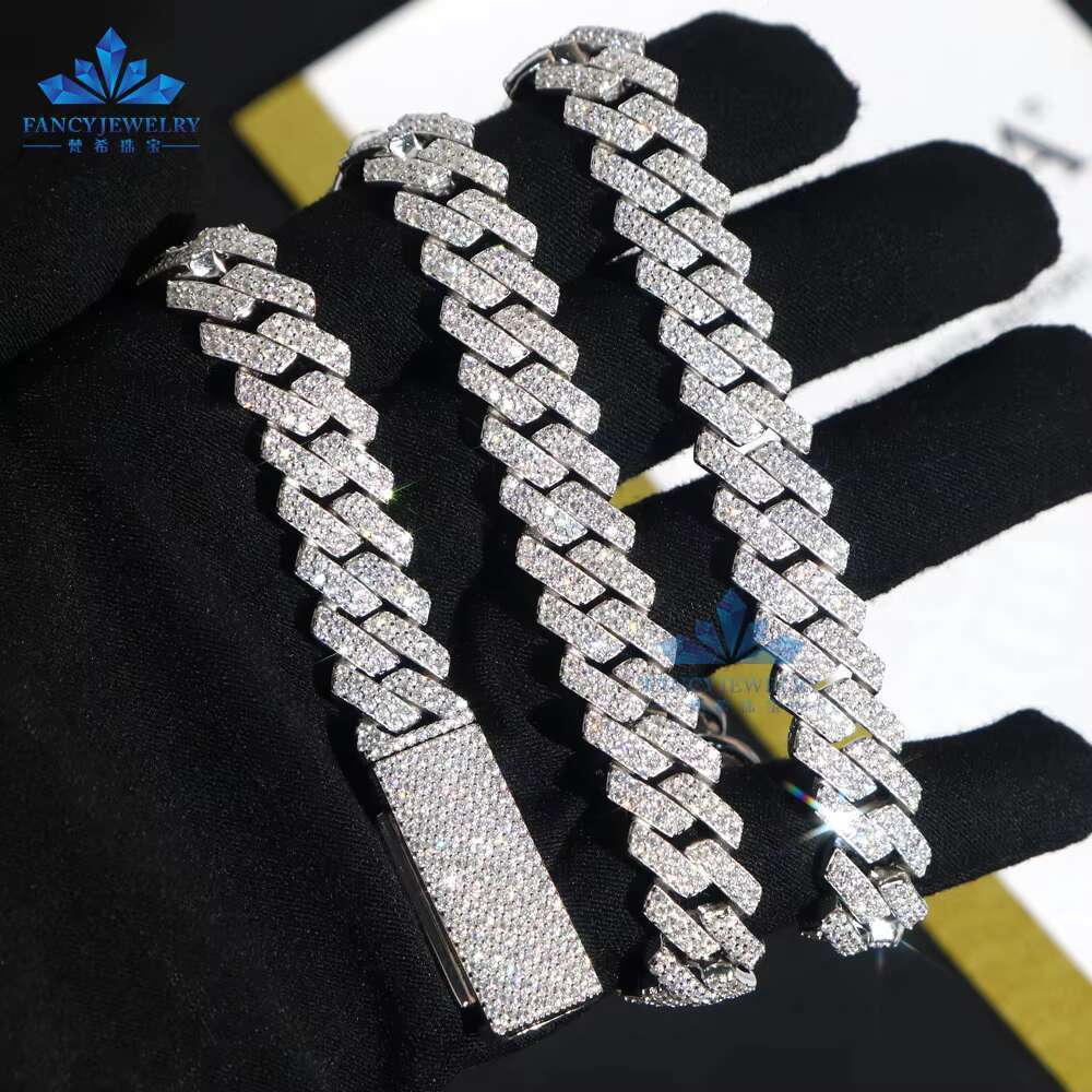 Trendy Factory Direct Sale 925 Silver Cuban Link Chain Necklace 8mm-15mm Sizes with Iced VVS Moissanite Diamond Hip Hop Gift