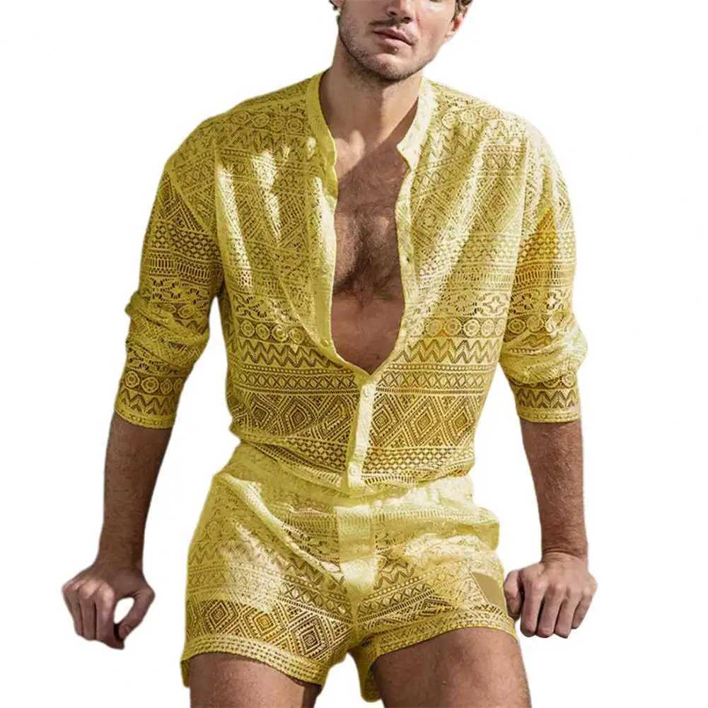 Ropa hombre Autumn 1 set mens top hollow solid color lace see through wedding dress mens two-piece setXJ250412